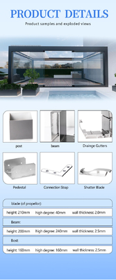 Modern Customized Drainage System SS Grade 304 Aluminium Alloy 6063 Retractable Roof Pergola
