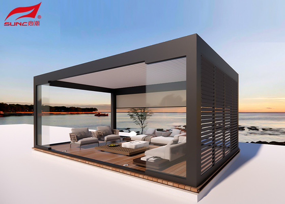 Modern Waterproof Outdoor Roller Blinds Motorized Aluminium Pergola With Sliding Glasses