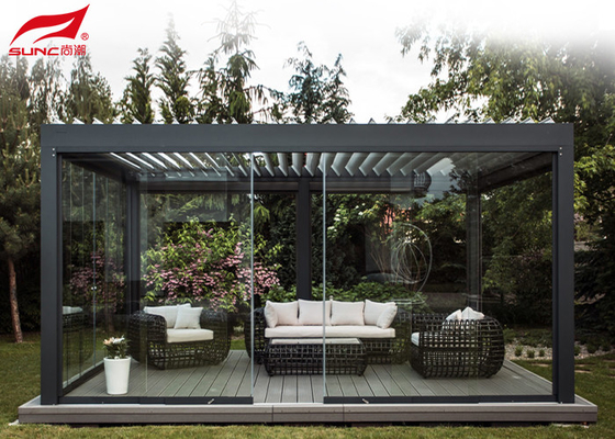 Modern Waterproof Outdoor Roller Blinds Motorized Aluminium Pergola With Sliding Glasses