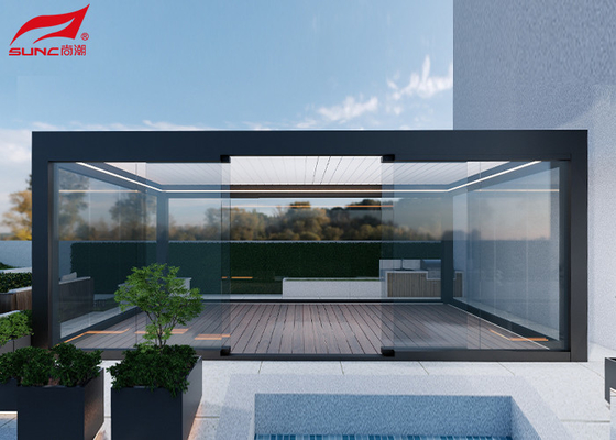 Modern Waterproof Outdoor Roller Blinds Motorized Aluminium Pergola With Sliding Glasses