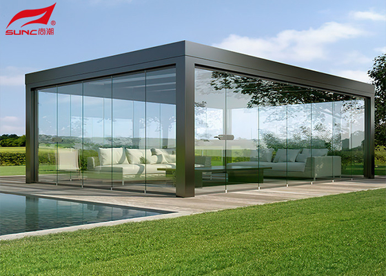 Modern Waterproof Outdoor Roller Blinds Motorized Aluminium Pergola With Sliding Glasses
