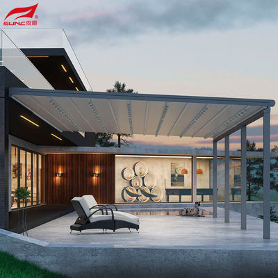 Su geçirmez Alüminyum Pergola Çekici Çatı Pergola LED Işık Şeritleri ve PVC Yelken Dönüşümü ile