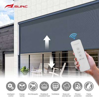 SUNC Outdoor Roller Blinds Motorized Windproof Ceiling Patio Roller Blind with Side Channel
