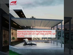Waterdicht aluminium pergola terugtrekbaar dak pergola met LED-lichtstrips en PVC-zeil afwerking
